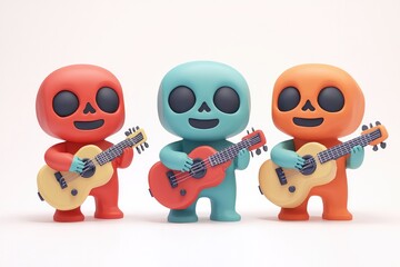 Colorful cartoon skeletons playing guitar