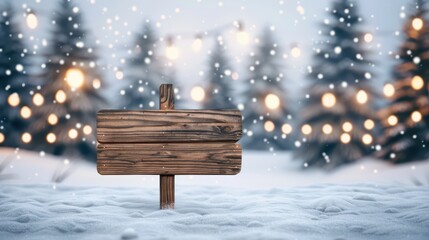 Fototapeta premium Rustic Wooden Sign in Snowy Winter Wonderland with Festive Lights and Snowflakes Falling in the Background