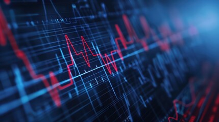 Dynamic Digital Financial Data Visualization with Red and Blue Graphs on a Dark Background