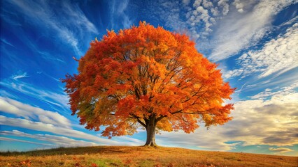 A majestic standalone maple tree with vibrant orange and red autumn foliage stands isolated against a serene blue sky with a few wispy clouds.