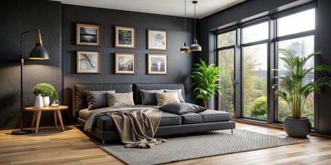 Modern Black Bedroom Interior Design with Greenery and Large Window, Bedroom , Interior Design, Black , Window