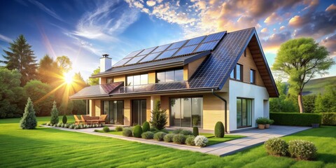 Obraz premium Modern Home with Solar Panels on Roof, 3D Render, Green Lawn, Sunset Sky, Sustainable Living, solar energy, green home