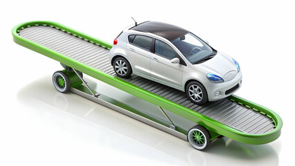 3D Icon as Electric vehicle and conveyor belt concept as An electric vehicle paired with a conveyor belt symbolizing eco friendly transportation and modern manufacturing ideal for isolated vector desi