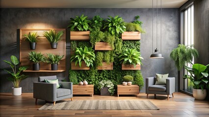 A modern minimalist room filled with lush greenery, featuring a stylish living wall with varied plants and a sleek wooden planter on a grey backdrop.