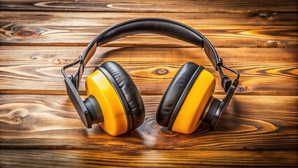 A pair of high-quality earplugs and earmuffs lie on a wooden table, emphasizing the importance of hearing protection in loud environments and noise reduction.