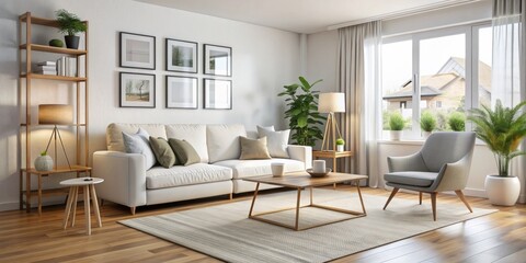 Modern Minimalist Living Room Design with White Sofa and Grey Armchair, 3D Rendering, interior design , living room , contemporary , minimalist