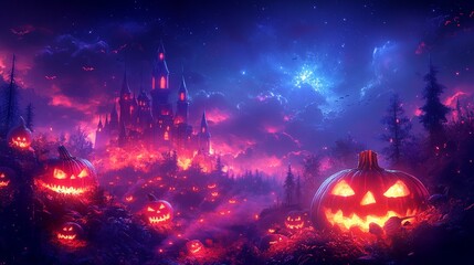 Cartoon Style Halloween: Spooky Pumpkin Castle Illustration for Fun and Halloween Themed Art, Generative AI