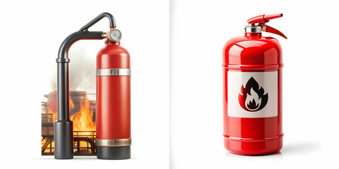 Obraz premium 3D Icon as Fire extinguisher and factory icon concept as A fire extinguisher paired with a factory icon representing the essential fire safety measures in manufacturing environments ideal for isolated
