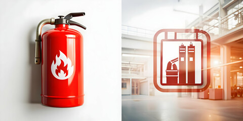 3D Icon as Fire extinguisher and factory icon concept as A fire extinguisher paired with a factory icon representing the essential fire safety measures in manufacturing environments ideal for isolated