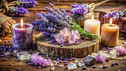 a peaceful arrangement of glittering crystals, lavender petals, and natural fibers on a wooden altar, radiating calming energy and spiritual balance.