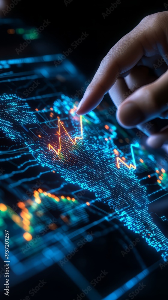Poster a close-up of a finger interacting with a digital financial graph, showcasing data analysis and tren
