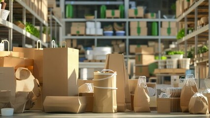 Different cardboard boxes and bags are stacked up on the floor of a brightly lit distribution warehouse, suggesting innovative production and packaging methods