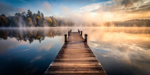 Fototapeta premium Morning Mist on the Lake, Wooden Dock, Foggy Landscape, Reflection, Sunrise , lake , mist