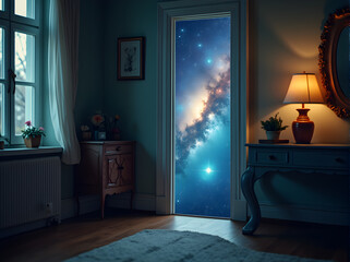 A dreamy bedroom scene with a door opening to a starry galaxy, symbolizing imagination and escape. The room is softly lit, inviting a sense of wonder and serenity.
