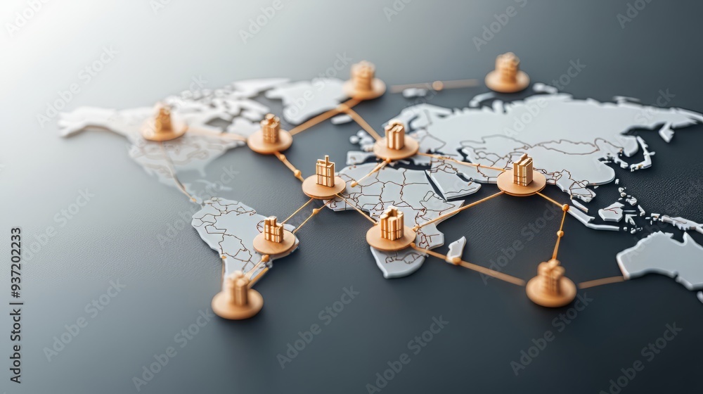 Poster a detailed world map showing connections and network lines, symbolizing global communication and col