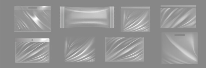 Realistic Transparent Empty Plastic Food Packaging Template Set. EPS10 Vector