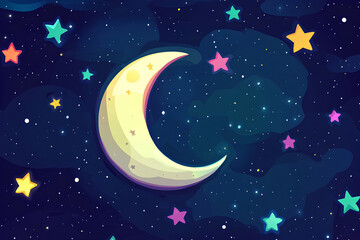 Naklejka premium moon in dark sky with colorful stars, cartoon style, vector
