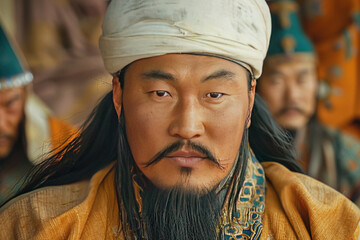 Genghis Khan commander of the Mongol Empire, East Asia. A man with a beard in a hat, close-up.
