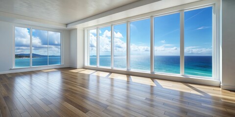 Fototapeta premium Ocean View Living Room with Hardwood Floor and Large Windows, interior design, home decor, real estate, luxury