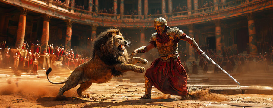Gladiator fights lion, warrior in armor, cloak and sword fights to death entertaining the audience. - Powered by Adobe