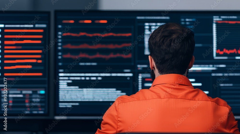 Poster a focused individual analyzes data on multiple monitors in a modern workspace, showcasing high-tech 