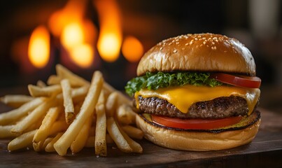 Tasty burger with french fries and fire. 