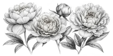 Pencil Drawing of Peony Flowers, pencil, black and white, floral illustration, peony, botanical art