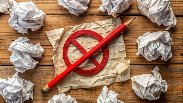 A red "NOT" symbol overlaid on a broken pencil, surrounded by crumpled paper and discarded ideas, conveying creative blocks and mental obstacles.