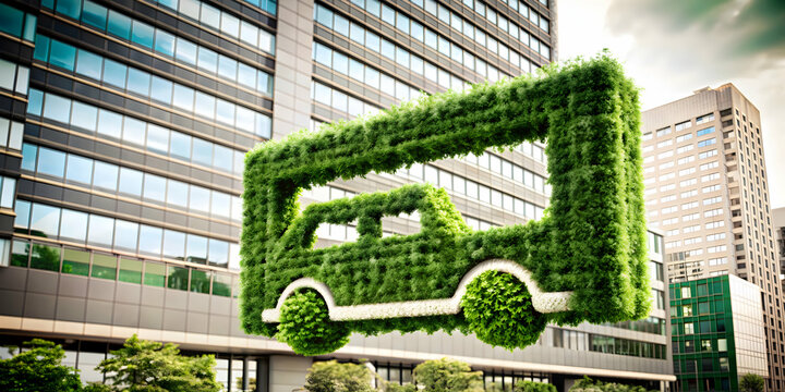 3D Icon as Green transportation icon and corporate building concept as A green transportation icon paired with a corporate building representing eco friendly commuting and corporate infrastructure per