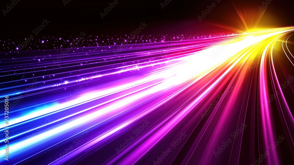 Poster vibrant light trails in rainbow colors streak across a dark background, dynamic and futuristic scene