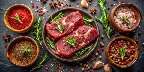 Rosemary and Spices Two Raw Steaks with Pink Himalayan Salt, Peppercorns, and Garlic, Steak, Spices, Food, Gourmet