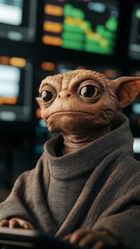 A wise alien creature sits comfortably, exuding charm and intelligence amidst futuristic technology and glowing screens.