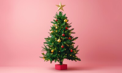 Christmas tree with golden star on top isolated on pink background