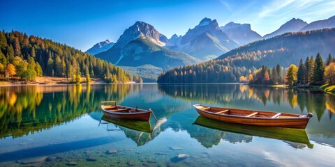 Obraz premium Serene Reflections of Autumn Two Boats on a Pristine Lake Surrounded by Majestic Mountains, landscape , nature , mountains , lake