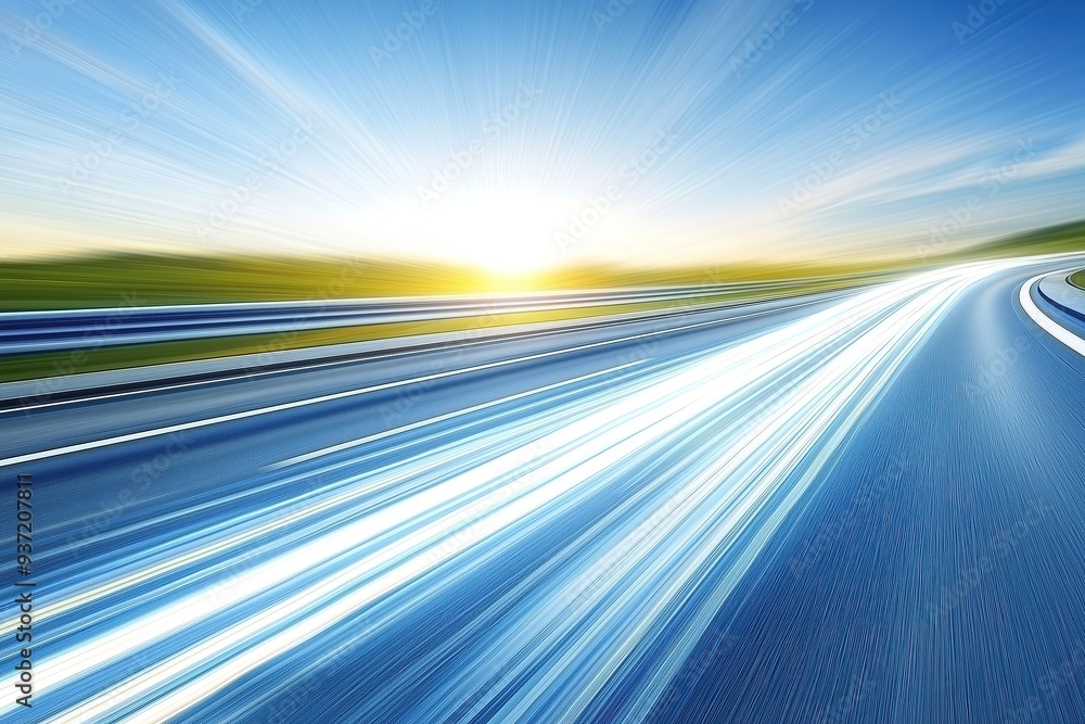 Poster futuristic highway speeding towards a bright horizon, blurred motion lines creating a sense of high-
