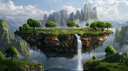 Magic island with floating islands, waterfall, and lush green field