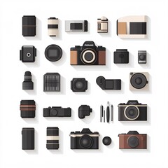 240805 171. A simple vector icon illustration depicting the group of photography equipment items at center for a website isolated white background