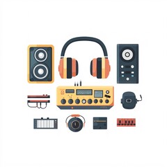 240805 184. A simple vector icon illustration depicting the group of audio accessories at center for a website isolated white background