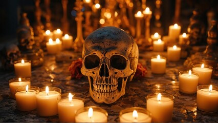A human skull surrounded by lit candles in a dark, mysterious setting.