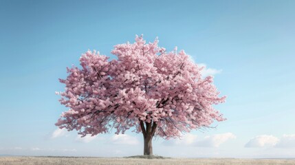 A solitary cherry tree in full bloom, its delicate pink blossoms creating a soft, ethereal cloud against a clear blue sky.