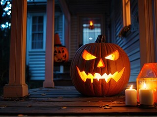 Obraz premium A jack-o'-lantern with a menacing grin sits on a porch lit by candles.