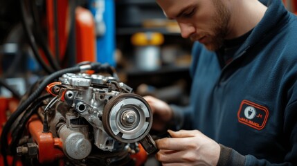 Obraz premium Mechanic repairing car engine in workshop