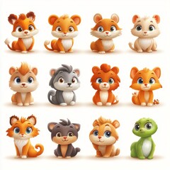 Fototapeta premium Colorful Cartoon Animal Characters Set: Vibrant Wildlife Icons for Children's Books and Educational Materials. Cute Zoo Animals Collection for Graphic Design, Advertising, and Digital Marketing. AI-Ge