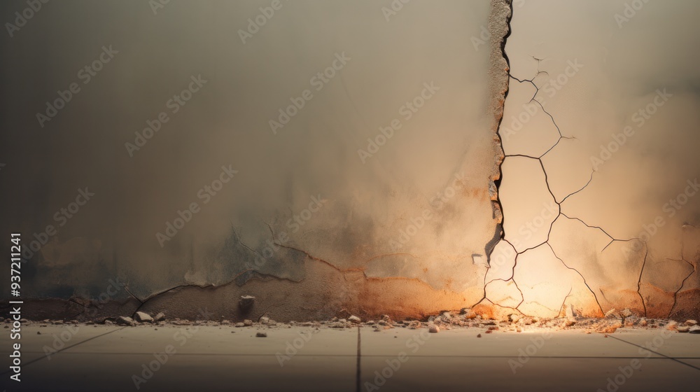 Poster a surreal, dreamlike image of a crack in a wall that seems to be leaking light and otherworldly obje