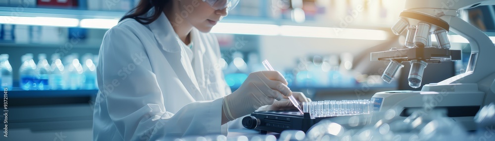 Aufkleber scientist working in a laboratory with microscope and test tubes