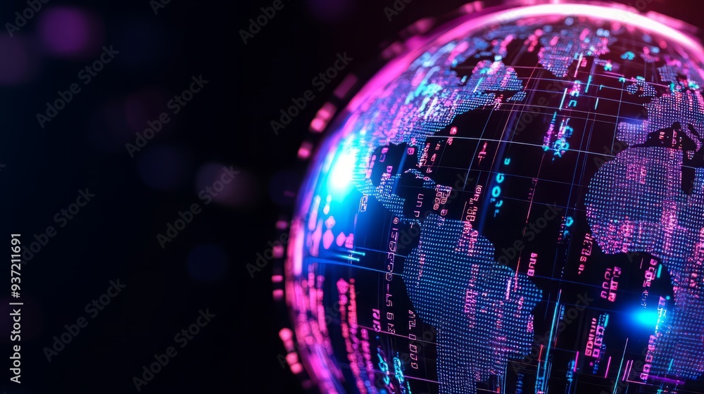 Poster vibrant digital globe with glowing elements and data patterns, symbolizing technology and global con