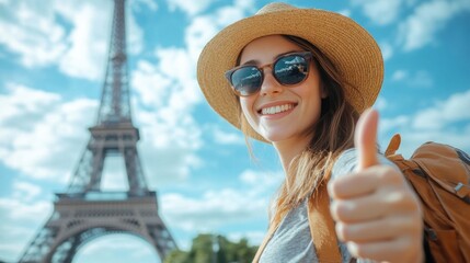 Happy tourist with thumbs up in front of Eiffel Tower.
