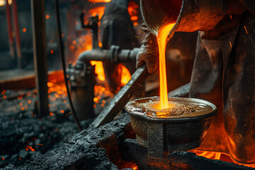 Worker Pouring Molten Metal in Industrial Foundry Creating Sparkling Hot Liquid Iron