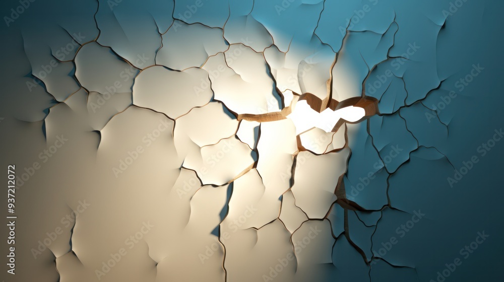 Poster a surreal, dreamlike image of a crack in a wall that seems to be leaking light and otherworldly obje