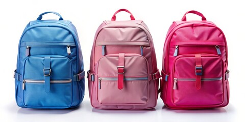 Fototapeta premium Three Colorful Backpacks on White Background, Backpacks, School, Travel, Fashion